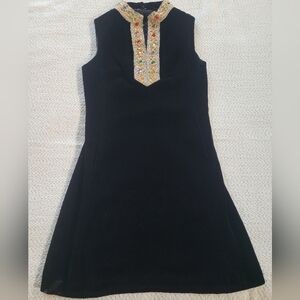 Velvet Vintage Elegant Black Sleeveless Dress with Gold Embellishments